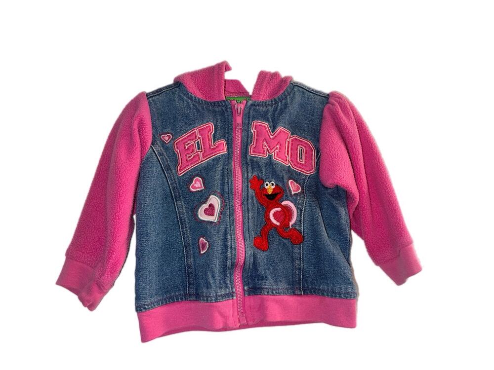 Vintage Sesame Street Elmo Denim Fleece Hoodie Jacket Pink 18M Y2K